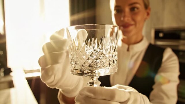 Caucasian female butler in white glove polishing crystal glass in kitchen. Professional hospitality service cleaning luxury glassware. Housekeeping staff lifestyle.