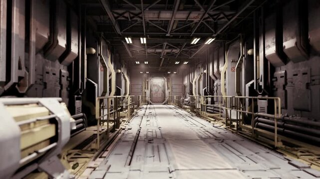 Dimly lit industrial corridor with pipes, control panels and grated walkway, atmospheric dust motes, distant warm light at vanishing point, scattered