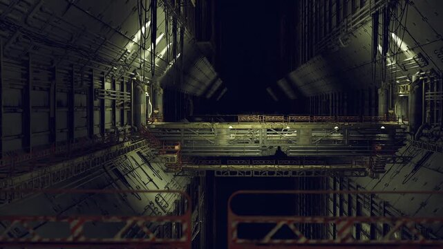 Elongated maintenance walkway with sealed bulkheads, access hatches, exposed conduit, faint indicator lights and claustrophobic metallic depth.