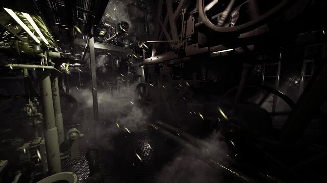 Silent workshop filled with rusted gears and abandoned tools, workbench crowded with wrenches and bolts, pulley systems frozen in time, dust motes catching