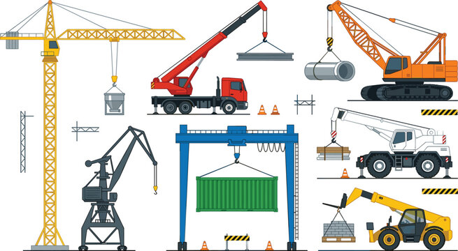 Heavy Construction Cranes and Lifting Machinery Vector Illustration Set Featuring Tower Crane, Mobile Truck Crane, Crawler Crane, Harbor Crane, Gantry Crane, and Telehandler