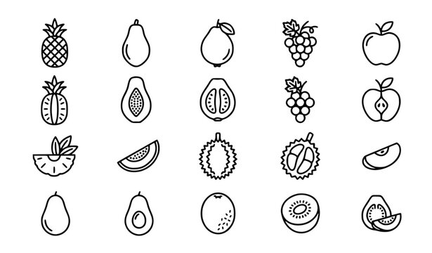 Minimalist black line art vector illustration set of various fresh fruits, elegant clean designs including pineapple, pear, guava, grapes, apple, papaya, watermelon slice, durian, kiwi, avocado, orang