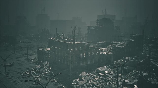Foggy skyline with central collapsed structure, diffuse sunrise glow, scattered rubble across foreground, quiet postevent calm, exploration and visual