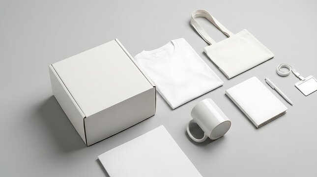 Blank promotional merchandise mockup set including cardboard box t-shirt tote bag mug notebook and stationery for branding