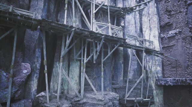 Solitary figure perched on ledge, dim purple light, rickety scaffold and narrow planks, distant canyon echo, mood of careful reconnaissance and quiet tension