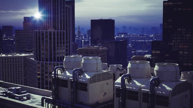 Skyline machinery focus. Urban rooftop equipment with streamlined aesthetic. Structural analysis of city building rooftops with minimalistic artistic approach