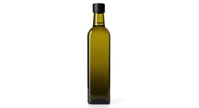 Tall Square Glass Bottle of Olive Oil with Black Cap Isolated on White