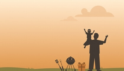 Naklejka premium Father carrying child by barbecue grill silhouette background