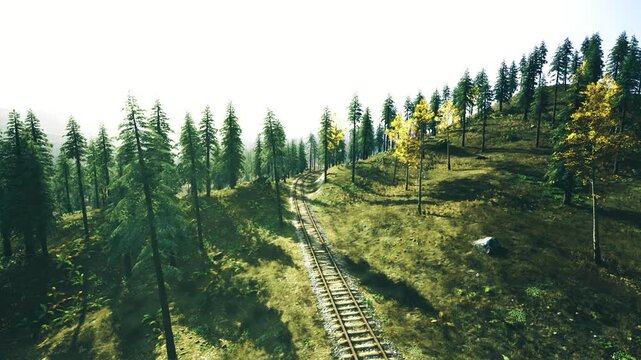 Aerial ridge railway cutting through open slope, sparse conifers and grassy patches, quiet isolation with panoramic views, ideal for remote retreat