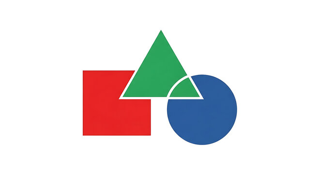 Abstract design with interlocking red square, green triangle, and blue circle. Symbolizing unity, foundational elements, and creative principles for visual communication