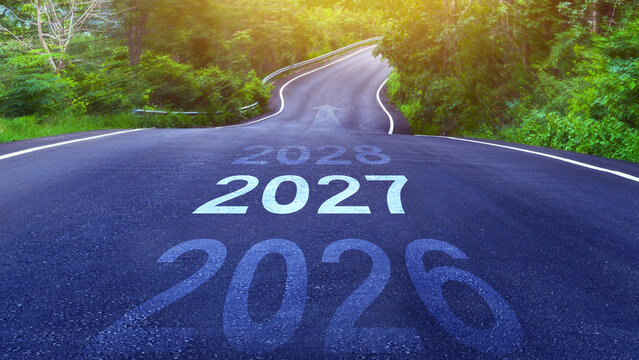 2027 New Year Transition and Future Planning Concept on asphalt road. goal plan target success future planning and Investment strategy achievement vision growth, not ai