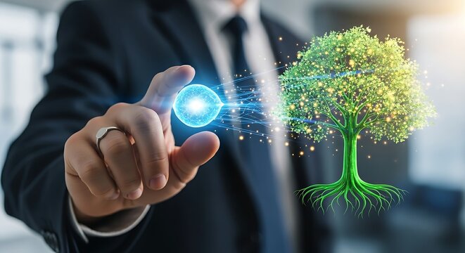 Investment growth potential. An investor's hand touches a holographic 'seed', which quickly grows into a robust 'tree', representing investment potential.