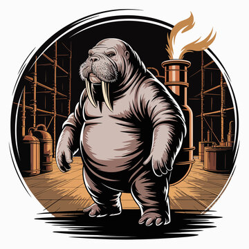 Cartoon walrus standing on ground.