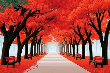 Fototapeta premium Vibrant autumn path lined with red maple trees and park benches beneath a fiery canopy
