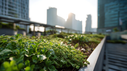 Fototapeta premium Vibrant Rooftop Garden with Lush Greenery Against a Blurry Cityscape Backdrop at Sunrise, Modern Urban Sustainability and Eco-Friendly Design