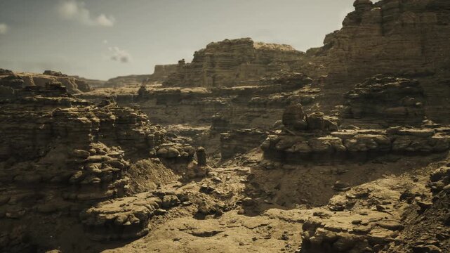 Sunlit sandstone canyon with layered cliffs and rugged foreground wideangle vista under pale sky warm tones highlight textures and erosion channels