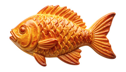 Fototapeta premium Golden fish-shaped mooncake or pastry, a traditional chinese delicacy symbolizing good fortune, abundance, and prosperity, beautifully prepared for cultural celebrations and festive occasions