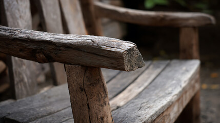 Fototapeta premium Rustic Weathered Wood Chair Armrest in Natural Garden Setting – Abstract Detail of Vintage Garden Furniture, Textured Surface, Organic Feel