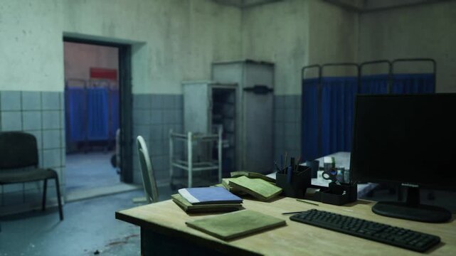 hospital records office with desktop computer, stacked patient files and open notebooks, label printer and worn chairs, tiled walls and subdued lighting,