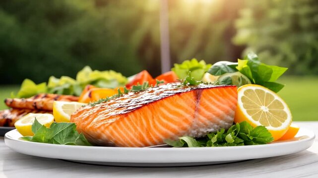 Fresh grilled salmon served with lemon and greens in lush outdoor setting