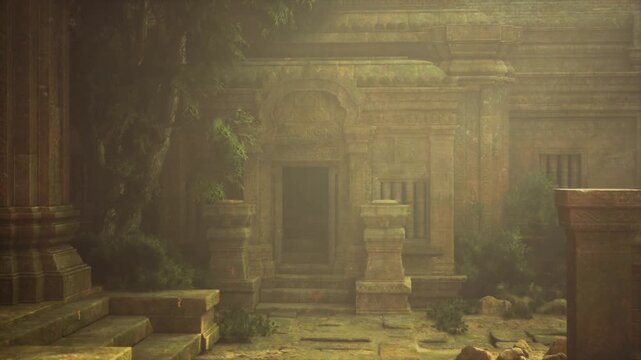 narrow stone pathway leading ancient sanctuary, steps worn smooth by centuries, pillars flanking route, golden light filtering canopy, spiritual pilgrimage tone