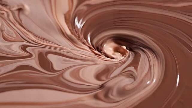 Closeup macro shot of swirling liquid chocolate creating mesmerizing patterns.