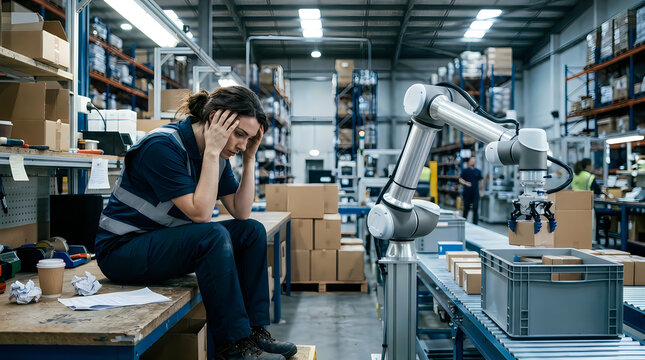Frustrated worker resting head on hand in cluttered industrial warehouse with robotic arm