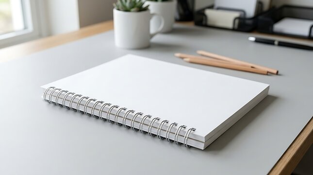 Blank spiral notebook mockup on a grey desk with stationery accessories for branding presentation and workspace planning