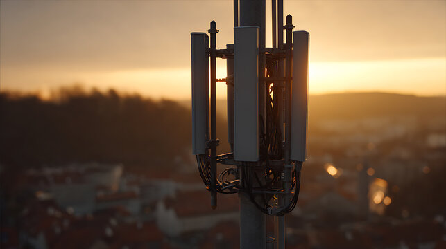 Telecommunication antenna array on a mast, providing modern wireless network connectivity against a warm, blurred cityscape at sunset, technology