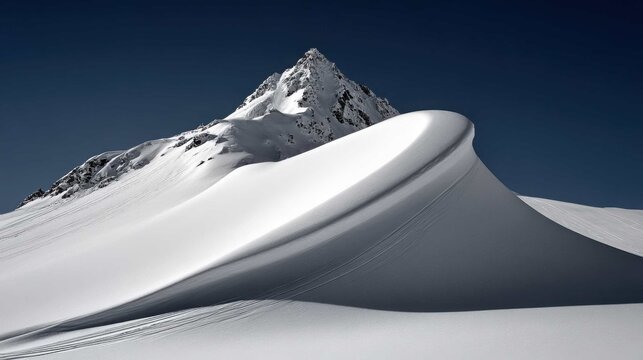 Majestic snow cornice formation on a windswept alpine ridge under a dark blue sky