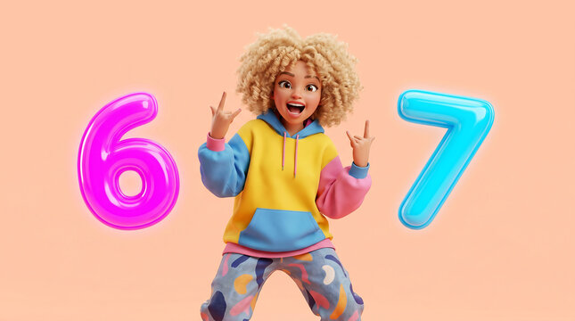 Illustration of the Six Seven viral internet meme featuring a stylized smiling girl wearing a colorful hoodie making a rock-on sign with glossy balloon numbers 6 and 7 on a pastel background
