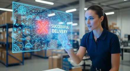 Obraz premium Successful delivery concept. A logistics professional's hands interact with a 'treasure map' hologram, where an 'X' marks the final destination, symbolizing a successful delivery.