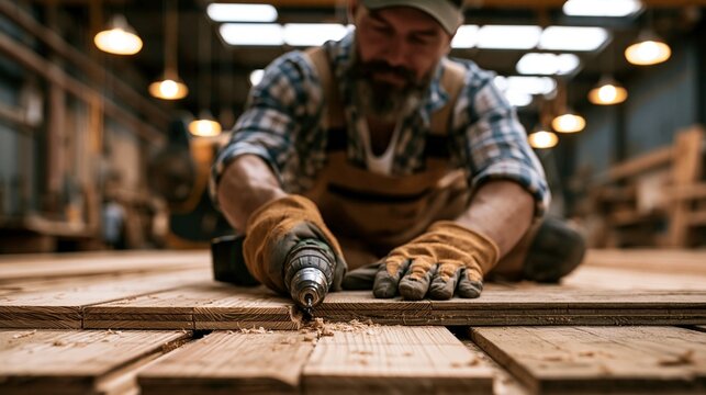 Medium shot of skilled worker aligning and securing hardwood planks as durable trailer floor decking under bright workshop lights.