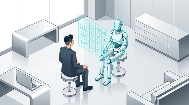 Isometric Job Interview Between Human Candidate And Robot Recruiter