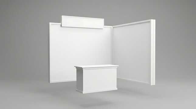 Blank trade show booth mockup featuring pop up walls and reception counter for corporate event branding and marketing