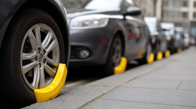 Urban Parking Constraint: Row of Cars with Bright Yellow Wheel Chocks on a City Street Curbside, Emphasizing Vehicle Security