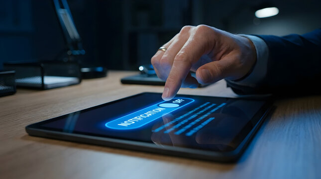 Finger pressing glowing blue button on tablet screen on dark desk, digital interface touch interaction and technology activation concept