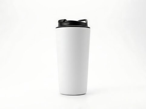 Isolated blank white travel coffee mug with black lid mockup template for corporate branding and promotional beverage design