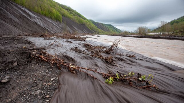 Thick viscous mudflow with debris and branches flowing through a natural riverbed under an overcast sky.
