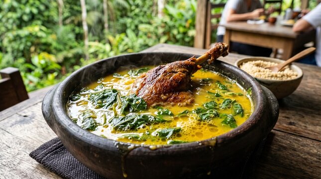 Traditional Amazonian Pato no Tucupi with Jambu Leaves and Yellow Broth
