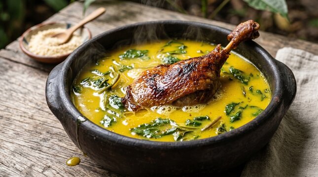 Traditional Amazonian Pato no Tucupi with Jambu Leaves and Yellow Broth