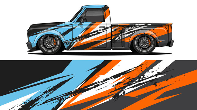 Truck with orange and blue design.
