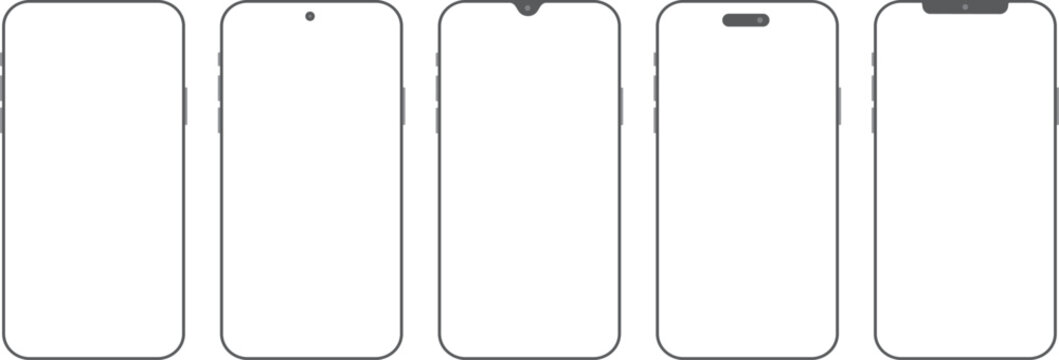 Collection of modern smartphone wireframe outlines mockup with mobile phone blank screen and different camera notch for App UI UX design