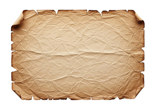 Aged crumpled parchment paper with burnt edges isolated on transparent background