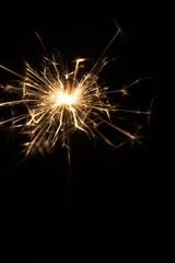 Fototapeta premium Golden sparks burst against pitch-black void. Light ignites in a dazzling, fleeting explosion. Perfect for celebrations, mystery, or raw energy. Bright core radiates heat and movement