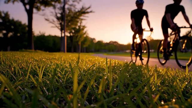 Two cyclists enjoying a beautiful sunset ride on a park path.