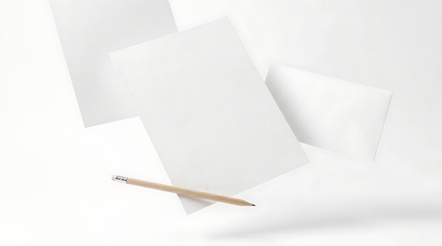 Floating blank A4 stationery sheets and business card mockup with wooden pencil for corporate branding presentation