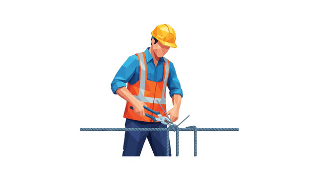 Construction Worker in Safety Vest and Hard Hat Working with Steel Rebar, Low Poly Illustration Isolated on White