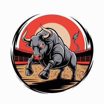 Gray bull running in arena aggressively.