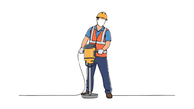 Construction Worker Operating Tamping Rammer Continuous Line Drawing Illustration - Industrial Professional with Safety Vest and Hard Hat on White Background